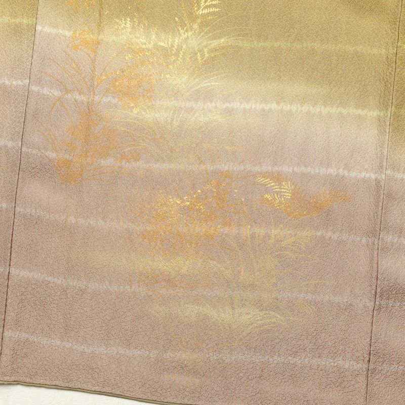 付け下げ 良品 絞り 箔 刺繍 正絹 木の葉・植物柄 袷仕立て 黄・黄土色_画像18