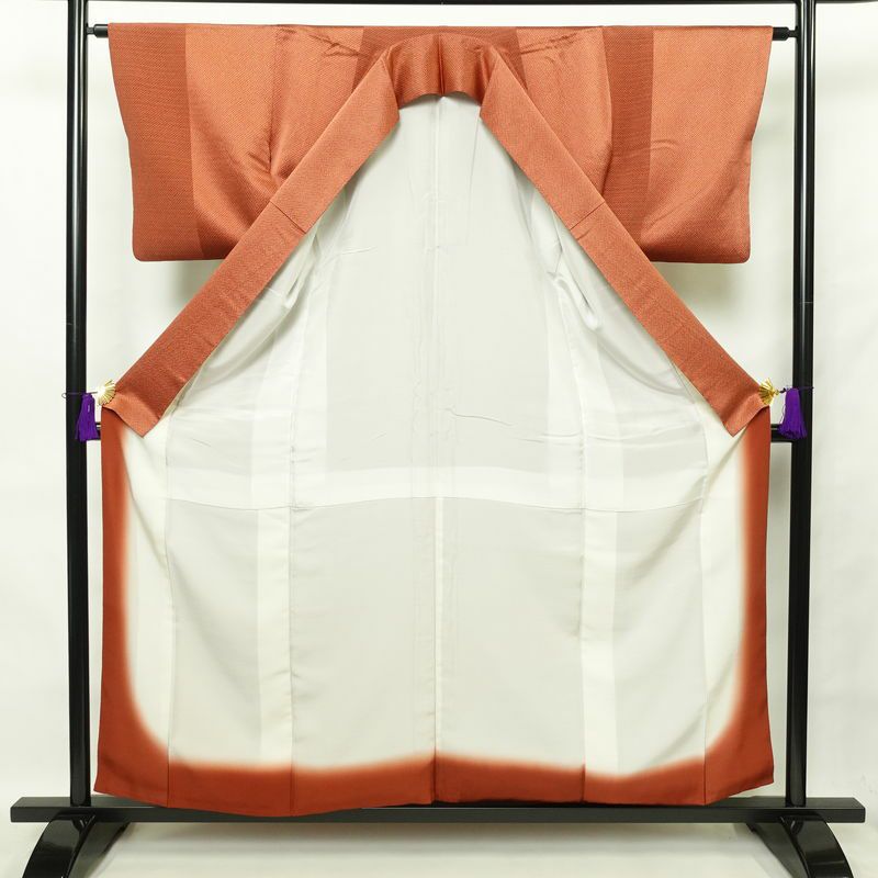 付け下げ 良品 正絹 着物 附下 刺繍 身丈157.5cm 裄丈63cm 竹 木の葉・植物柄 鹿の子 袷仕立て 橙_画像3