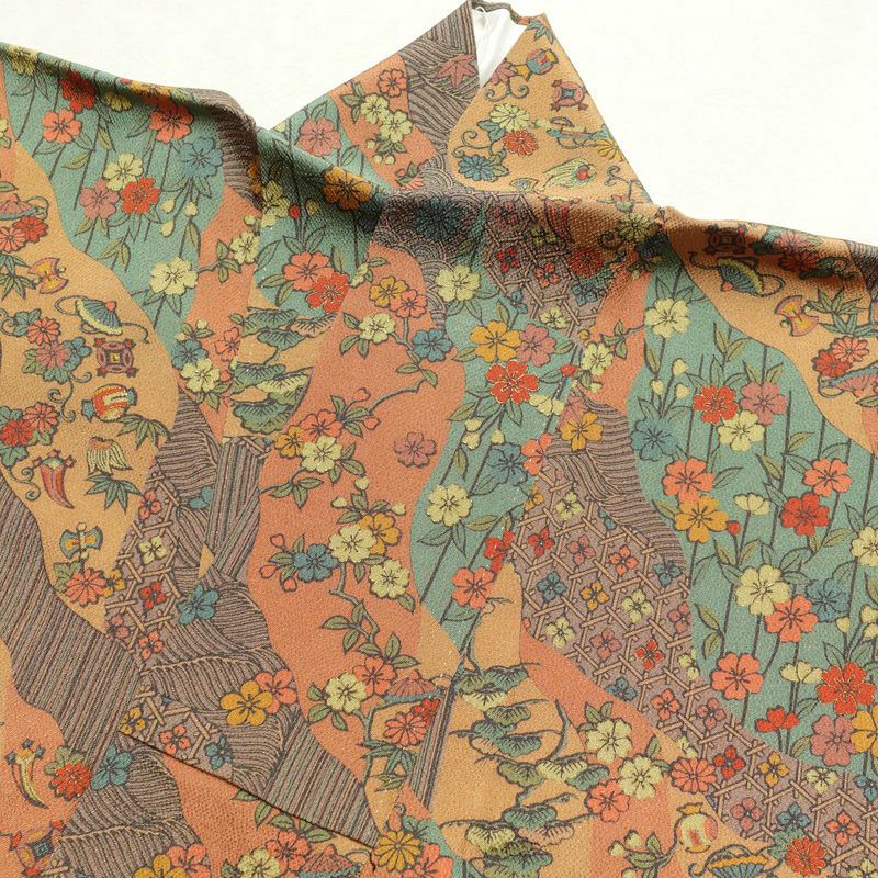 小紋 細合俊男 縮緬 総柄 着物 正絹 身丈162cm 裄丈66cm 古典柄 袷仕立て 多色使い_画像17