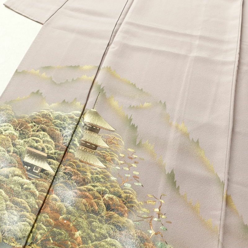 訪問着 一つ紋付き 縮緬 正絹 箔 風景柄 身丈156cm 裄丈63cm 共八掛 袷仕立て 紫・藤色_画像5