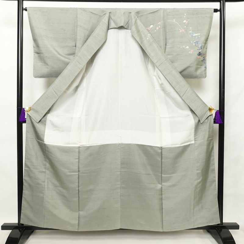 訪問着 紬生地 しつけ糸付き 正絹 花柄 身丈160cm 裄丈64cm 紬地 共八掛 袷仕立て 緑・うぐいす色_画像3