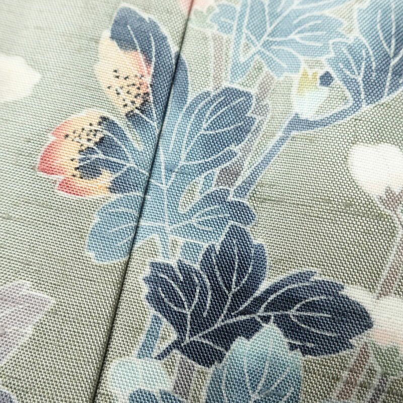 訪問着 紬生地 しつけ糸付き 正絹 花柄 身丈160cm 裄丈64cm 紬地 共八掛 袷仕立て 緑・うぐいす色_画像7