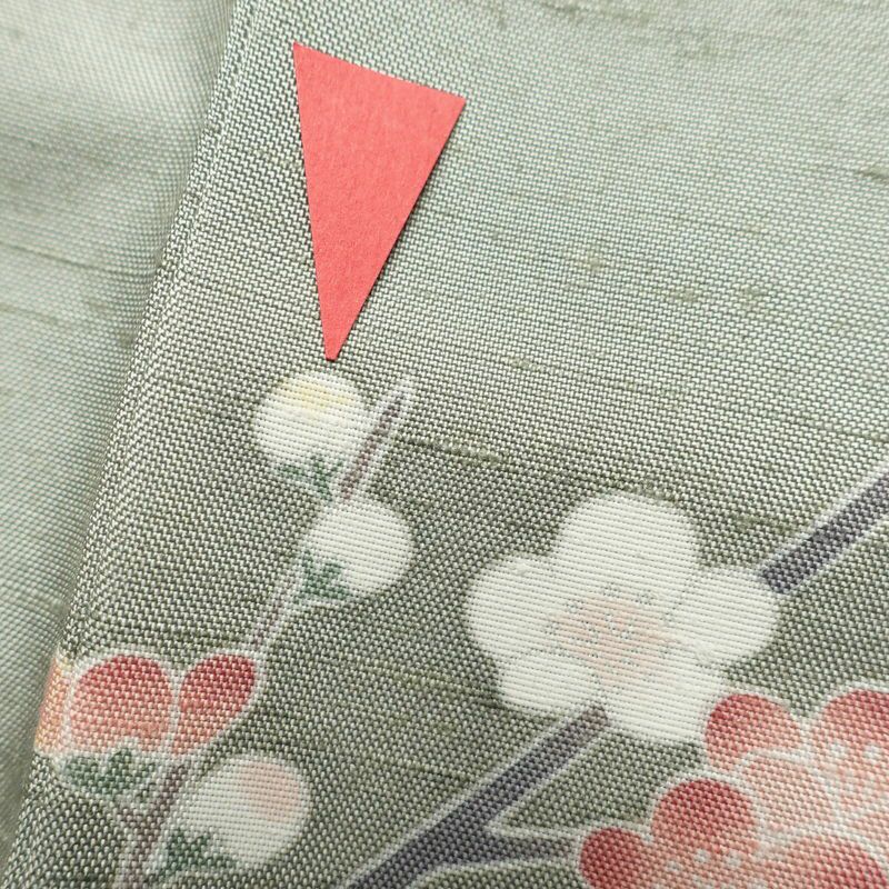 訪問着 紬生地 しつけ糸付き 正絹 花柄 身丈160cm 裄丈64cm 紬地 共八掛 袷仕立て 緑・うぐいす色_画像21