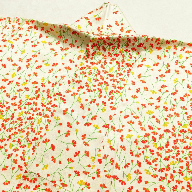 小紋 総柄 正絹 着物 花柄 こもん 袷仕立て 身丈160cm 裄丈65cm クリーム_画像20