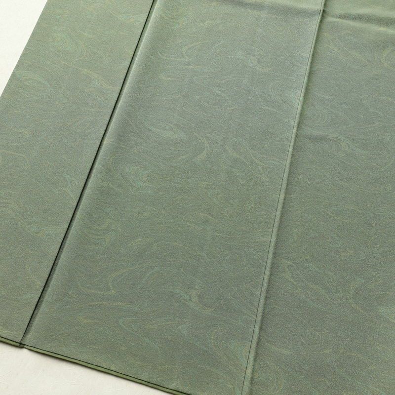 小紋 良品 墨流し 縮緬 正絹 流水・波柄 身丈155.5cm 裄丈63cm 袷仕立て 緑・うぐいす色_画像4