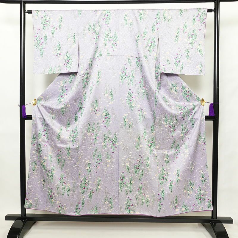 小紋 正絹 着物 花柄 袷仕立て 紫・藤色 身丈153.5cm 裄丈64cm_画像1