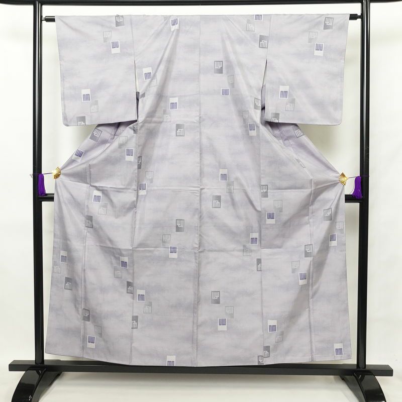 紬 正絹 幾何学柄・抽象柄 着物 袷仕立て 身丈156cm 裄丈63cm 紫・藤色_画像1