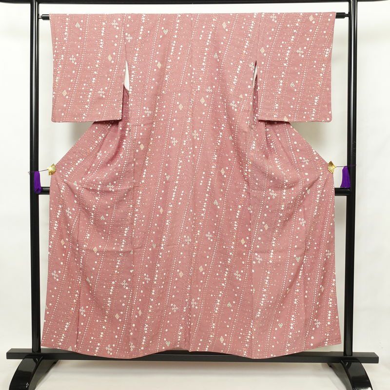 小紋 良品 絞り 正絹 着物 古典柄 袷仕立て 身丈155.5cm 裄丈64cm ピンク_画像1