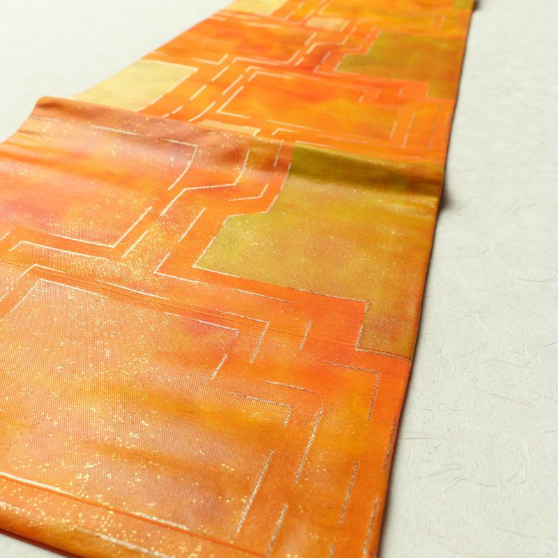 名古屋帯 六通柄 良品 正絹 幾何学柄・抽象柄 名古屋仕立て 橙_画像11