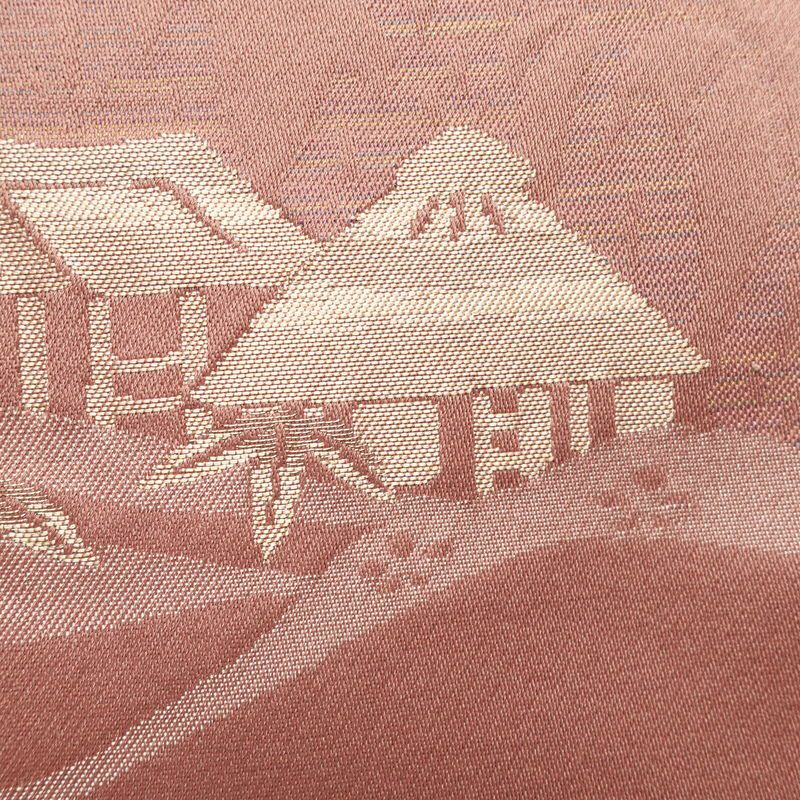 名古屋帯 六通柄 ポリエステル 風景柄 名古屋仕立て 小豆・エンジ_画像5