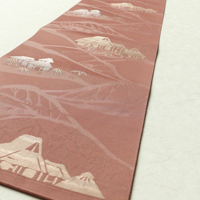 名古屋帯 六通柄 ポリエステル 風景柄 名古屋仕立て 小豆・エンジ_画像13