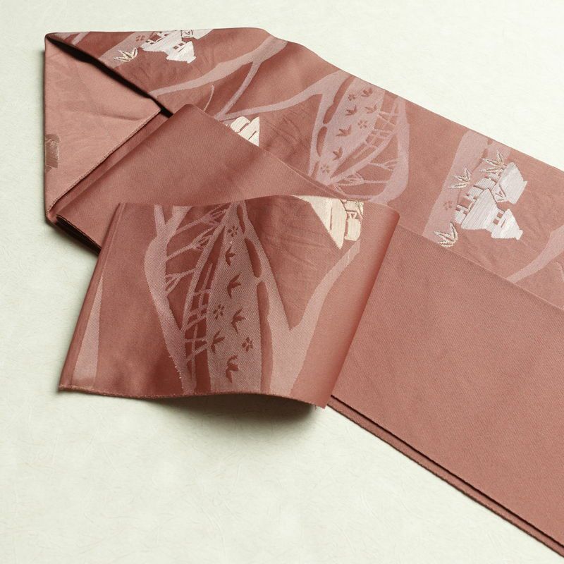 名古屋帯 六通柄 ポリエステル 風景柄 名古屋仕立て 小豆・エンジ_画像30