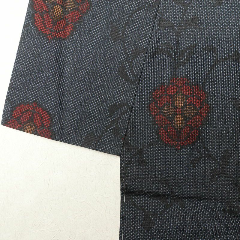 大島紬 良品 証紙あり しつけ糸付き 正絹 身丈161cm 裄丈64.5cm 花柄 袷仕立て 青・紺_画像13