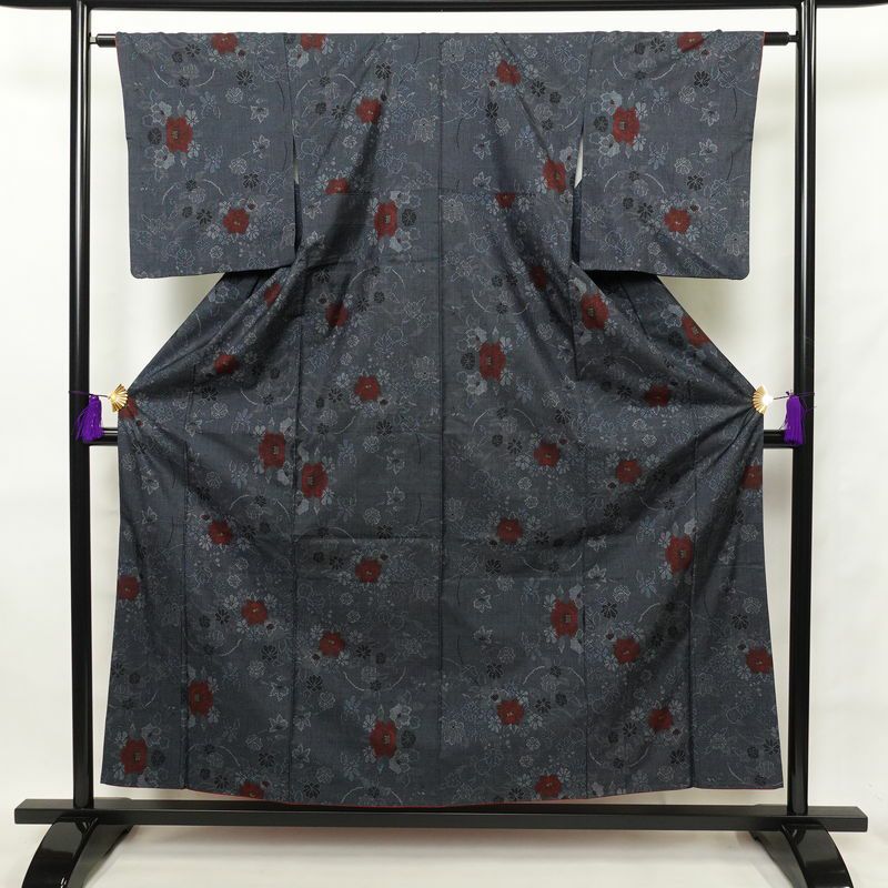 紬 正絹 紬着物 花柄 袷仕立て つむぎ 身丈155.5cm 裄丈63cm 青・紺_画像1