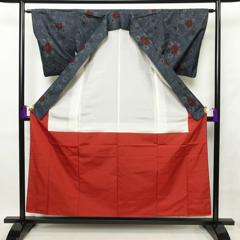 紬 正絹 紬着物 花柄 袷仕立て つむぎ 身丈155.5cm 裄丈63cm 青・紺_画像3