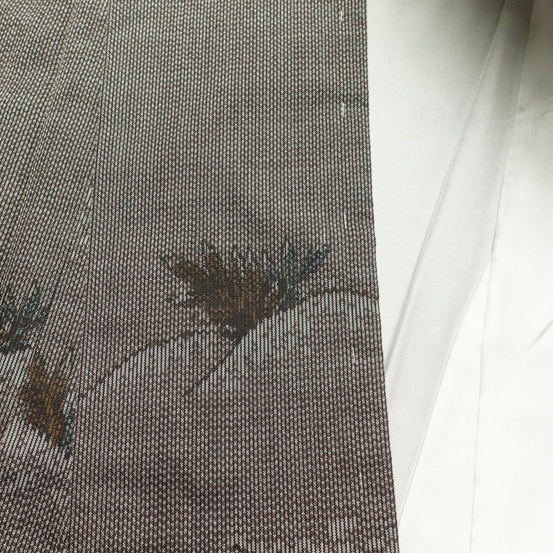 紬 良品 しつけ糸付き 着物 正絹 木の葉・植物柄 身丈158cm 裄丈65.5cm 袷仕立て 茶_画像23
