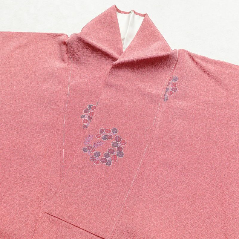 小紋 美品 しつけ糸付き 縮緬 正絹 木の葉・植物柄 身丈160.5cm 裄丈65.5cm 袷仕立て ピンク_画像20