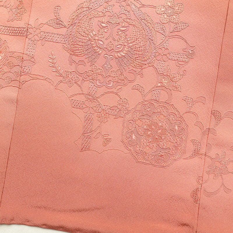 付け下げ 良品 スワトウ刺繍 縮緬 正絹 古典柄 袷仕立て ピンク_画像17