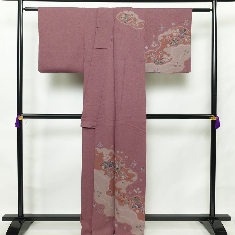 付け下げ 附下 正絹 花柄 袷仕立て 身丈164cm 裄丈65.5cm 椿 紫・藤色_画像2