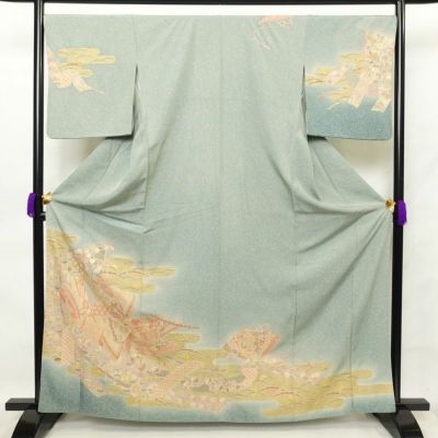 訪問着 良品 綸子 正絹 金駒刺繍 古典柄 袷仕立て 身丈160.5cm 裄丈