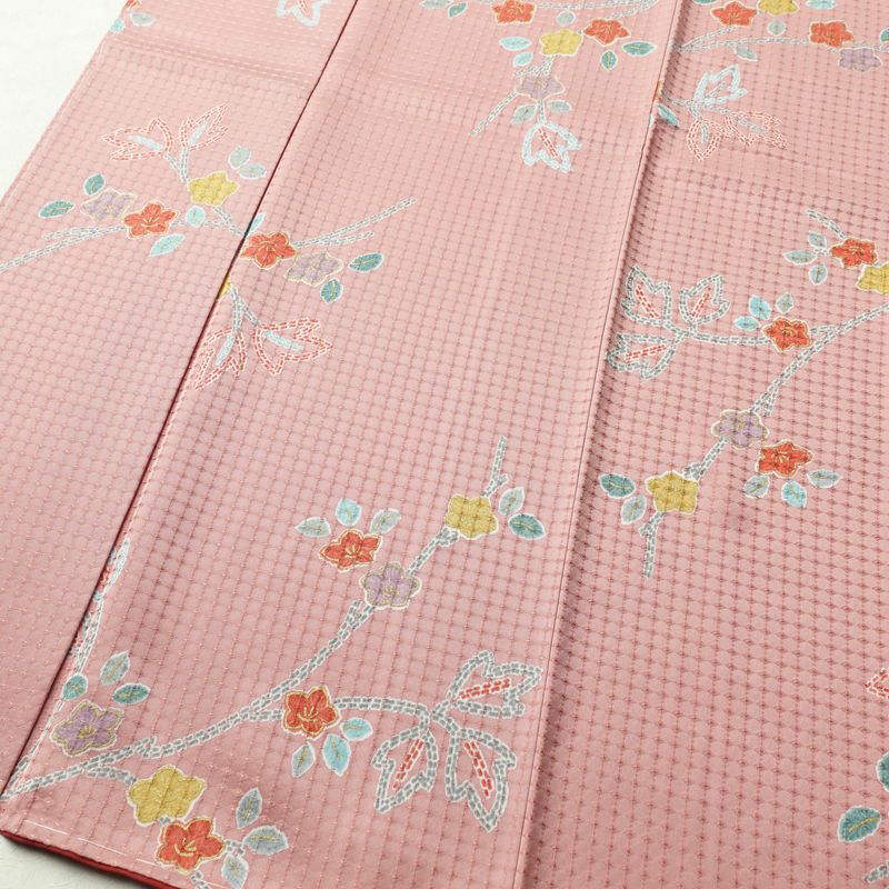 小紋 美品 しつけ糸付き 正絹 花柄 袷仕立て 身丈161.5cm 裄丈64cm 金彩 ピンク_画像4