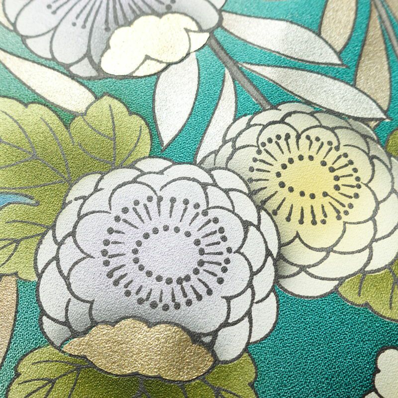 訪問着 良品 しつけ糸付き 正絹 花柄 袷仕立て 身丈165.5cm 裄丈67cm 鳥 箔 緑・うぐいす色_画像8