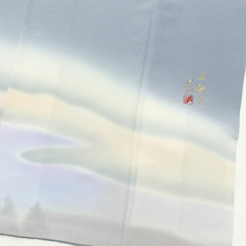 訪問着 良品 白川丈山 落款入り 縮緬 正絹 風景柄 袷仕立て 身丈154cm 裄丈64cm 青・紺_画像11