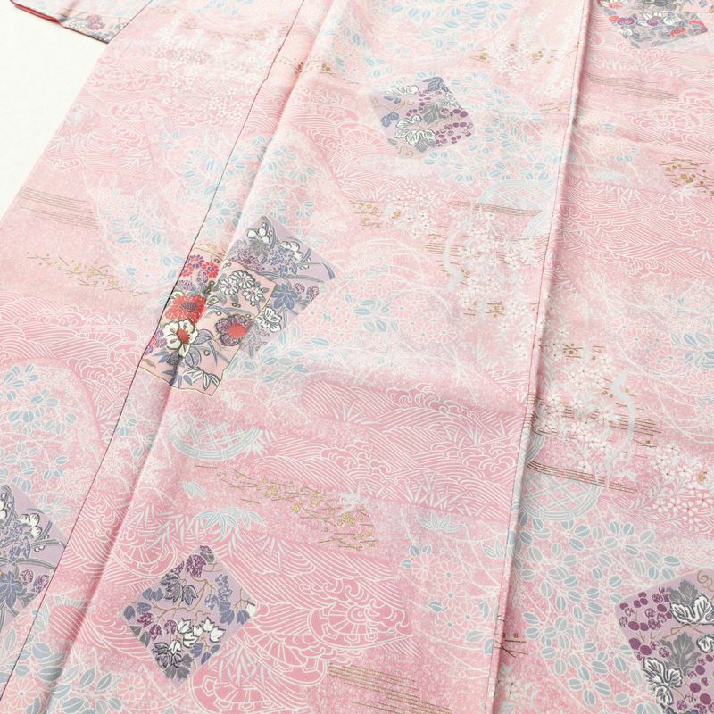 小紋 美品 しつけ糸付き 正絹 古典柄 袷仕立て 身丈153.5cm 裄丈63cm 金彩 着物 ピンク_画像5