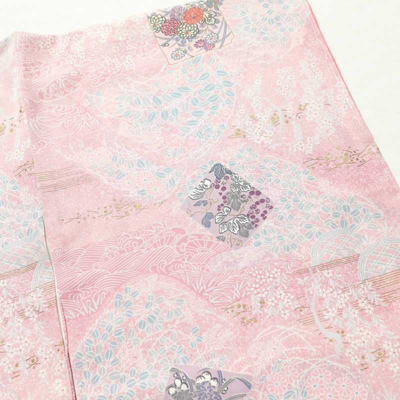 小紋 美品 しつけ糸付き 正絹 古典柄 袷仕立て 身丈153.5cm 裄丈63cm 金彩 着物 ピンク_画像11
