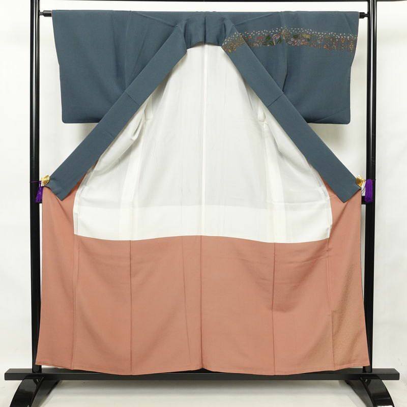 訪問着 縮緬 正絹 幾何学柄・抽象柄 袷仕立て 身丈157.5cm 裄丈64cm 金彩 着物 青・紺_画像3