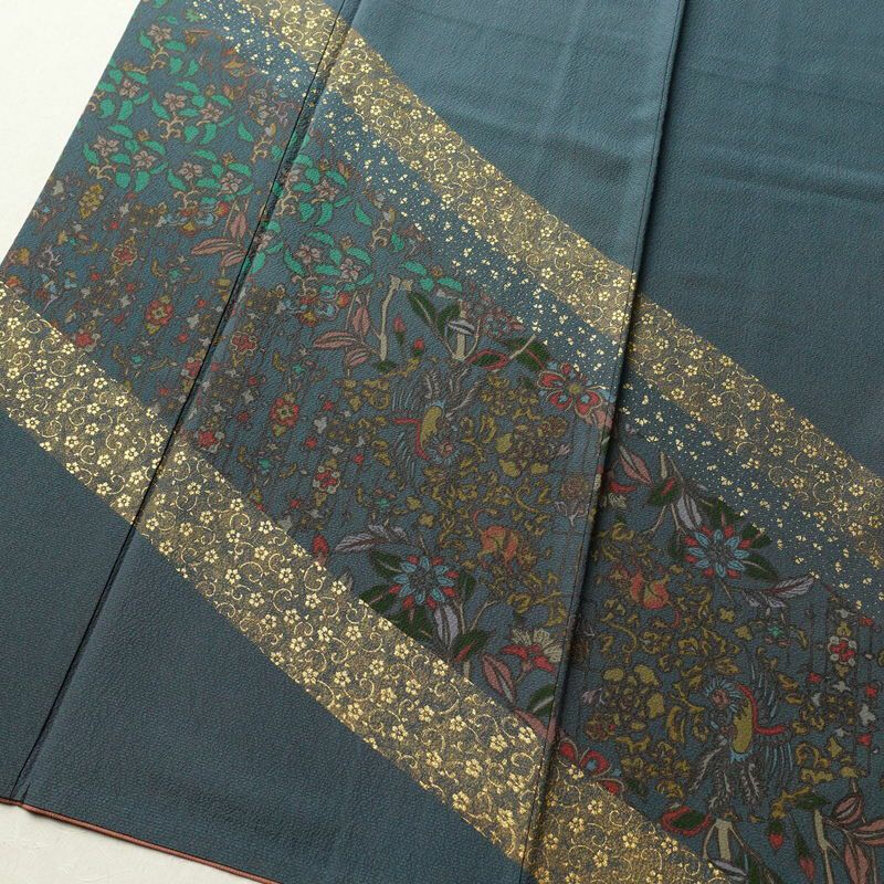 訪問着 縮緬 正絹 幾何学柄・抽象柄 袷仕立て 身丈157.5cm 裄丈64cm 金彩 着物 青・紺_画像4