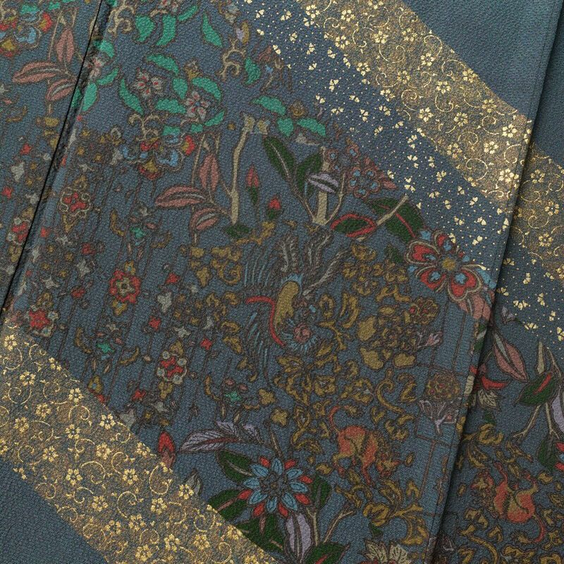 訪問着 縮緬 正絹 幾何学柄・抽象柄 袷仕立て 身丈157.5cm 裄丈64cm 金彩 着物 青・紺_画像6