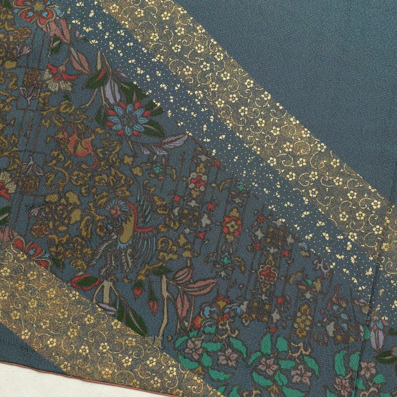 訪問着 縮緬 正絹 幾何学柄・抽象柄 袷仕立て 身丈157.5cm 裄丈64cm 金彩 着物 青・紺_画像11