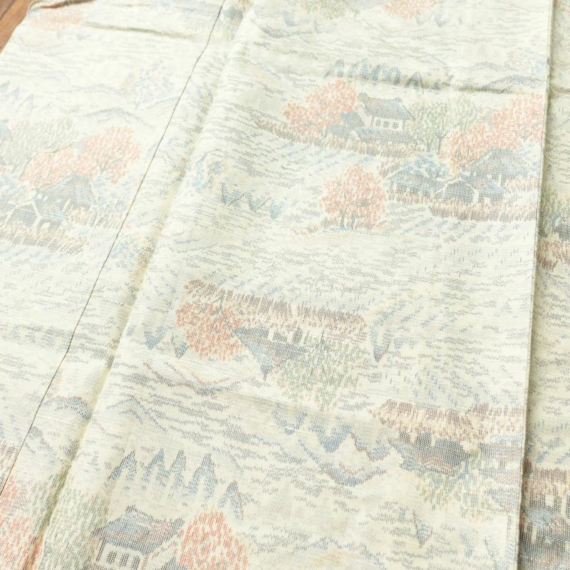 紬 しつけ糸付き 正絹 風景柄 袷仕立て 身丈155.5cm 裄丈65cm 紬着物 クリーム_画像5