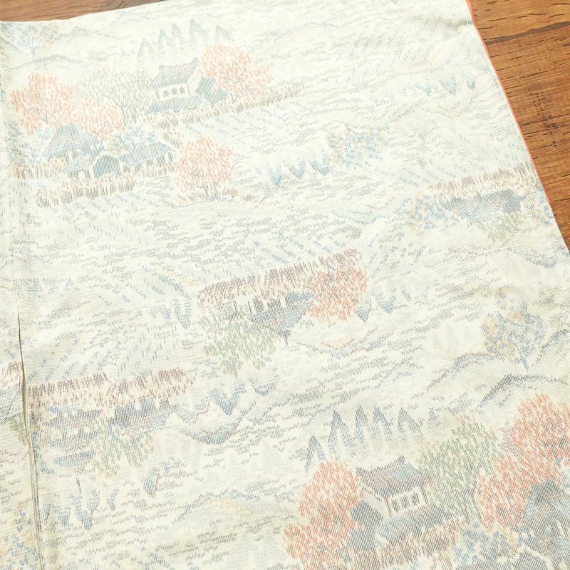 紬 しつけ糸付き 正絹 風景柄 袷仕立て 身丈155.5cm 裄丈65cm 紬着物 クリーム_画像9
