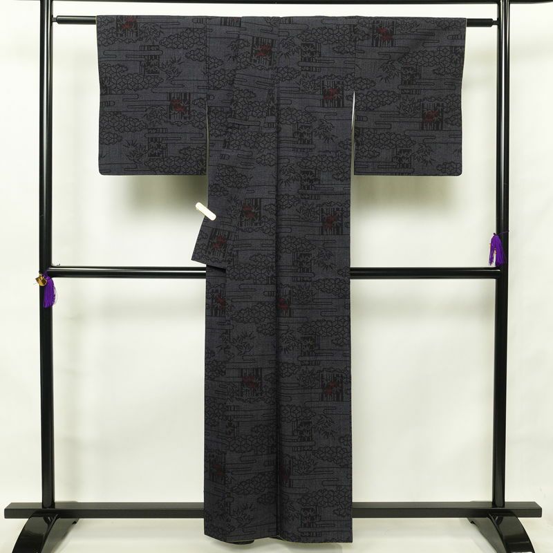 紬 良品 正絹 古典柄 袷仕立て 身丈159cm 裄丈67cm 紬着物 青・紺_画像2