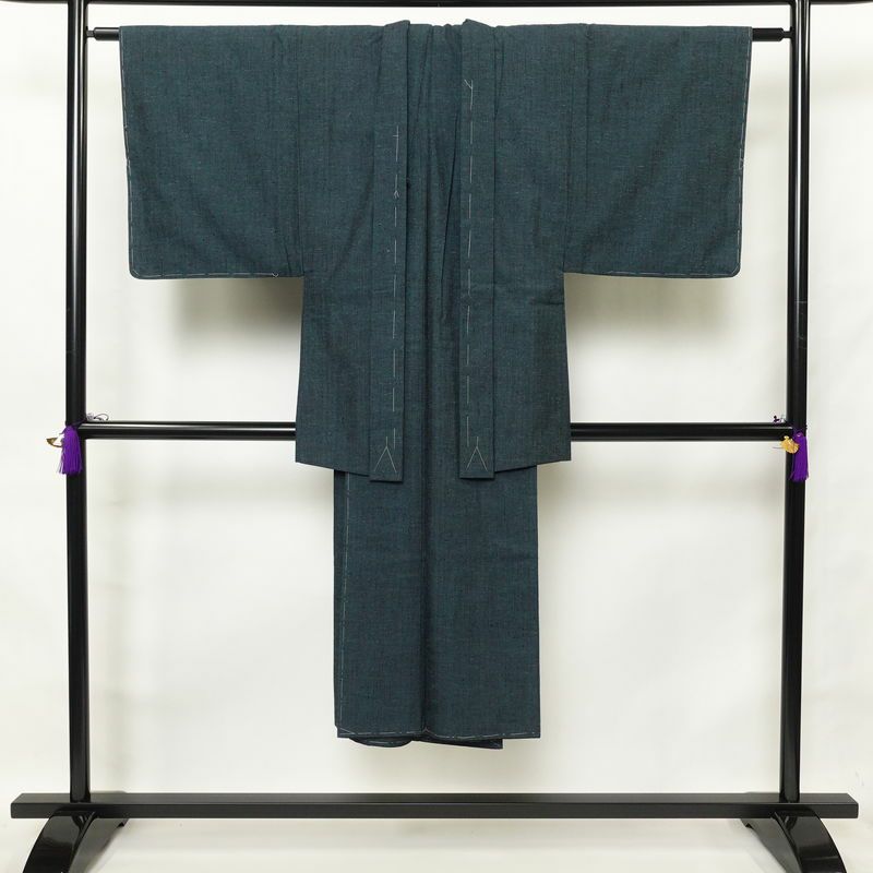 男性用 紬着物 良品 しつけ糸付き アンサンブル 正絹 無地 袷仕立て 身丈137cm 裄丈66cm 青・紺_画像1