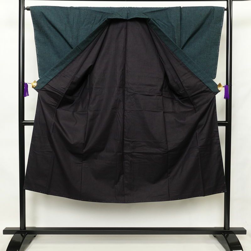 男性用 紬着物 良品 しつけ糸付き アンサンブル 正絹 無地 袷仕立て 身丈137cm 裄丈66cm 青・紺_画像3