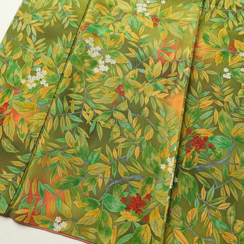 小紋 良品 正絹 木の葉・植物柄 袷仕立て 身丈157.5cm 裄丈64cm 着物 緑・うぐいす色_画像4