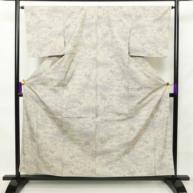 紬 正絹 古典柄 袷仕立て 身丈158cm 裄丈65cm 紬着物 グレー_画像1