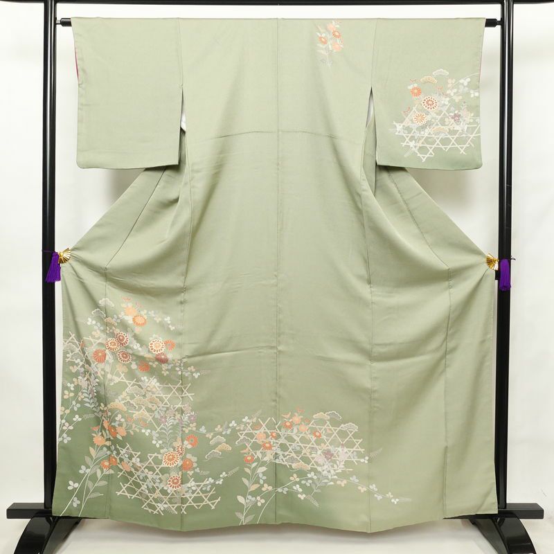 訪問着 良品 正絹 古典柄 袷仕立て 身丈162cm 裄丈64.5cm 着物 金彩 緑・うぐいす色_画像1