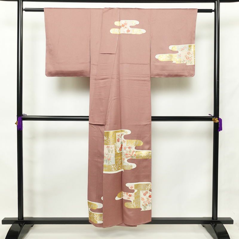 訪問着 しつけ糸付き 正絹 古典柄 袷仕立て 身丈152cm 裄丈64cm 箔 金彩 共八掛 小豆・エンジ_画像2