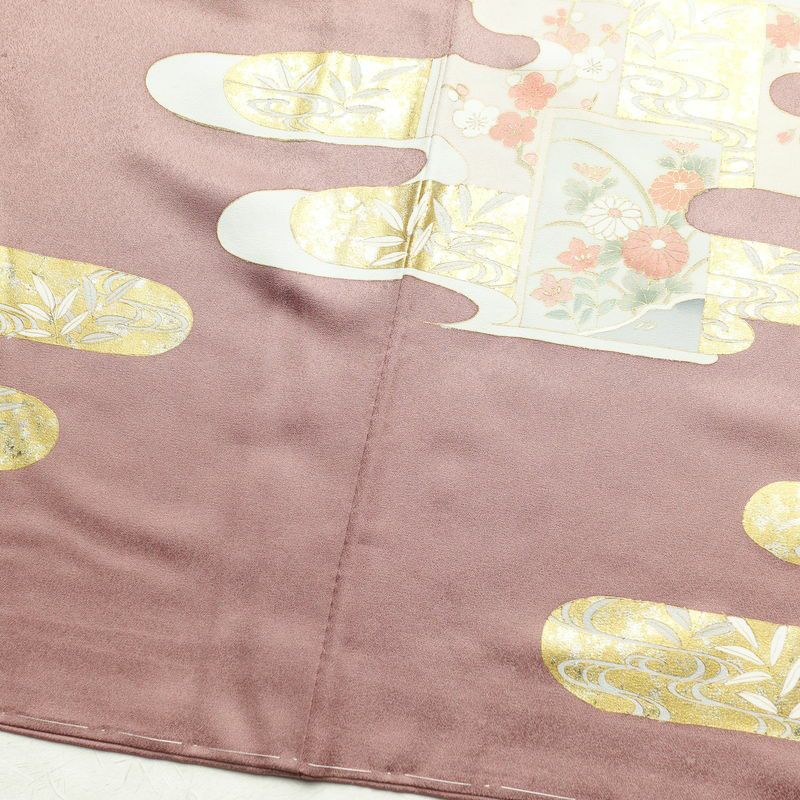 訪問着 しつけ糸付き 正絹 古典柄 袷仕立て 身丈152cm 裄丈64cm 箔 金彩 共八掛 小豆・エンジ_画像10