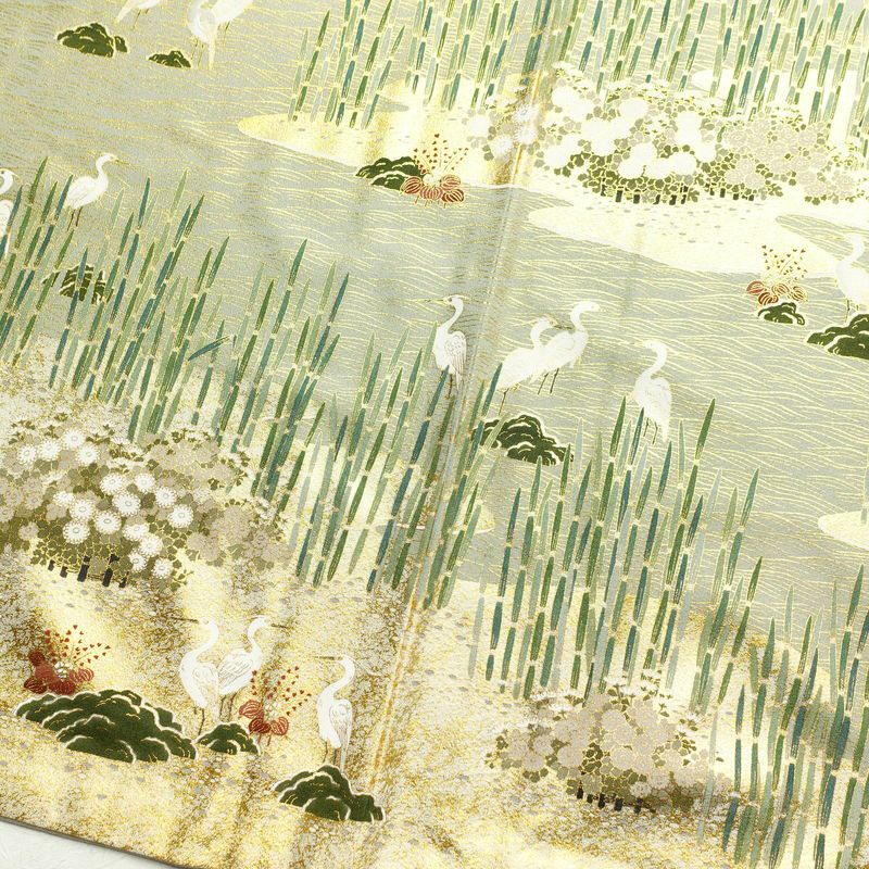 色留袖 松尾光琳 木賊鷺 落款入り 一つ紋付き 縮緬 正絹 古典柄 袷仕立て 身丈163.5cm 裄丈68.5cm 箔 刺繍 緑・うぐいす色_画像10