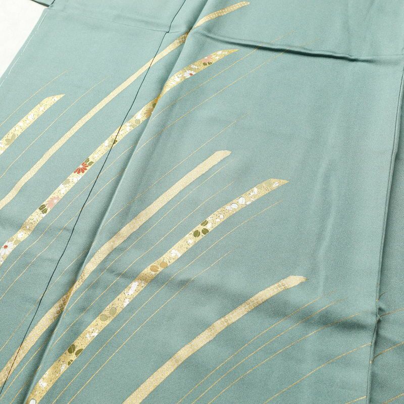 訪問着 しつけ糸付き 正絹 古典柄 袷仕立て 身丈163.5cm 裄丈69cm 箔 金彩 共八掛 緑・うぐいす色_画像5