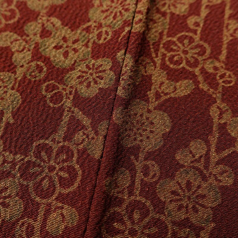 小紋 縮緬 総柄 ポリエステル 花柄 袷仕立て 身丈157.5cm 裄丈63.5cm 小紋着物 小豆・エンジ_画像8