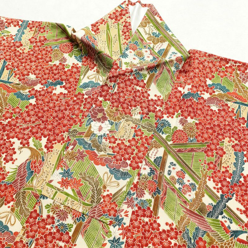 小紋 良品 しつけ糸付き 縮緬 総柄 正絹 古典柄 袷仕立て 身丈159.5cm 裄丈65cm 小紋着物 クリーム_画像13