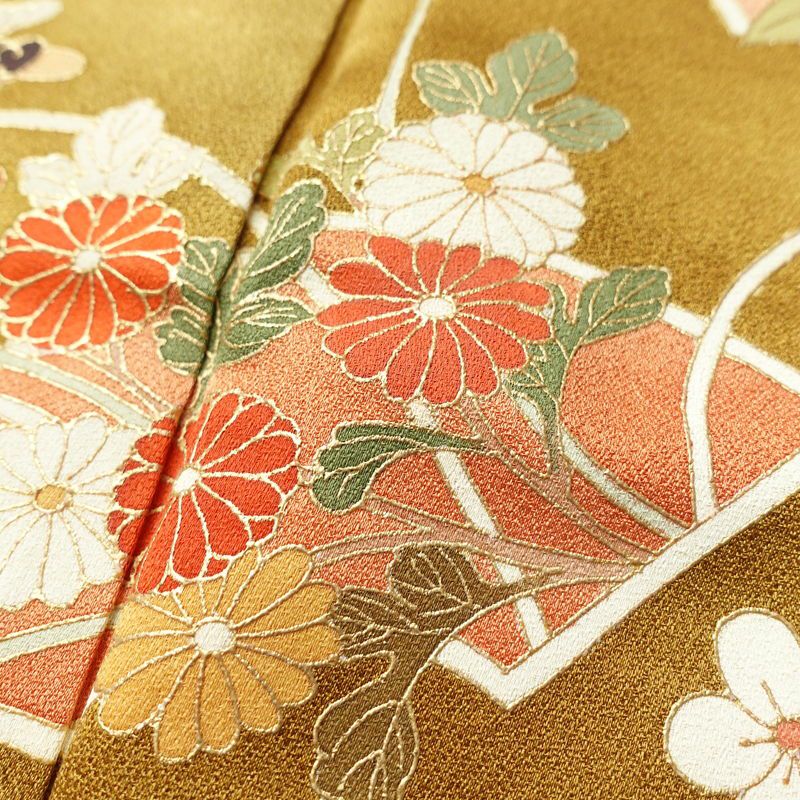 訪問着 正絹 古典柄 袷仕立て 身丈166.5cm 裄丈65cm 金彩 着物 黄・黄土色_画像6