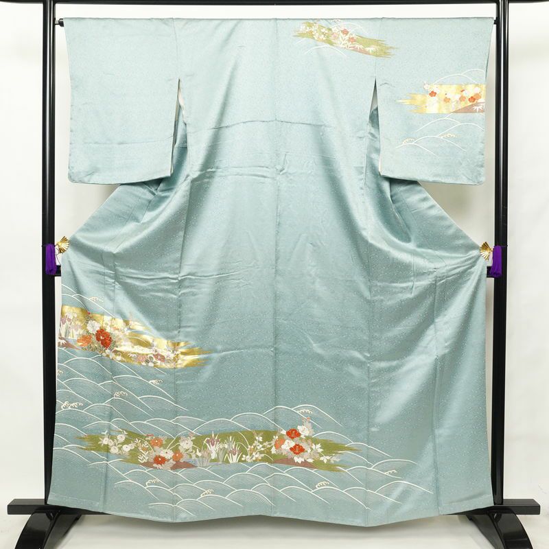 訪問着 良品 綸子 正絹 金駒刺繍 古典柄 袷仕立て 身丈160.5cm 裄丈67.5cm 共八掛 箔 金彩 一部しつけ糸付き 青・紺_画像1