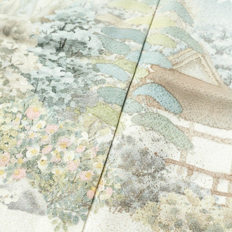 訪問着 良品 落款入り 一つ紋付き 正絹 綸子 風景柄 袷仕立て 身丈167.5cm 裄丈69.5cm 金彩 箔 紫・藤色_画像6